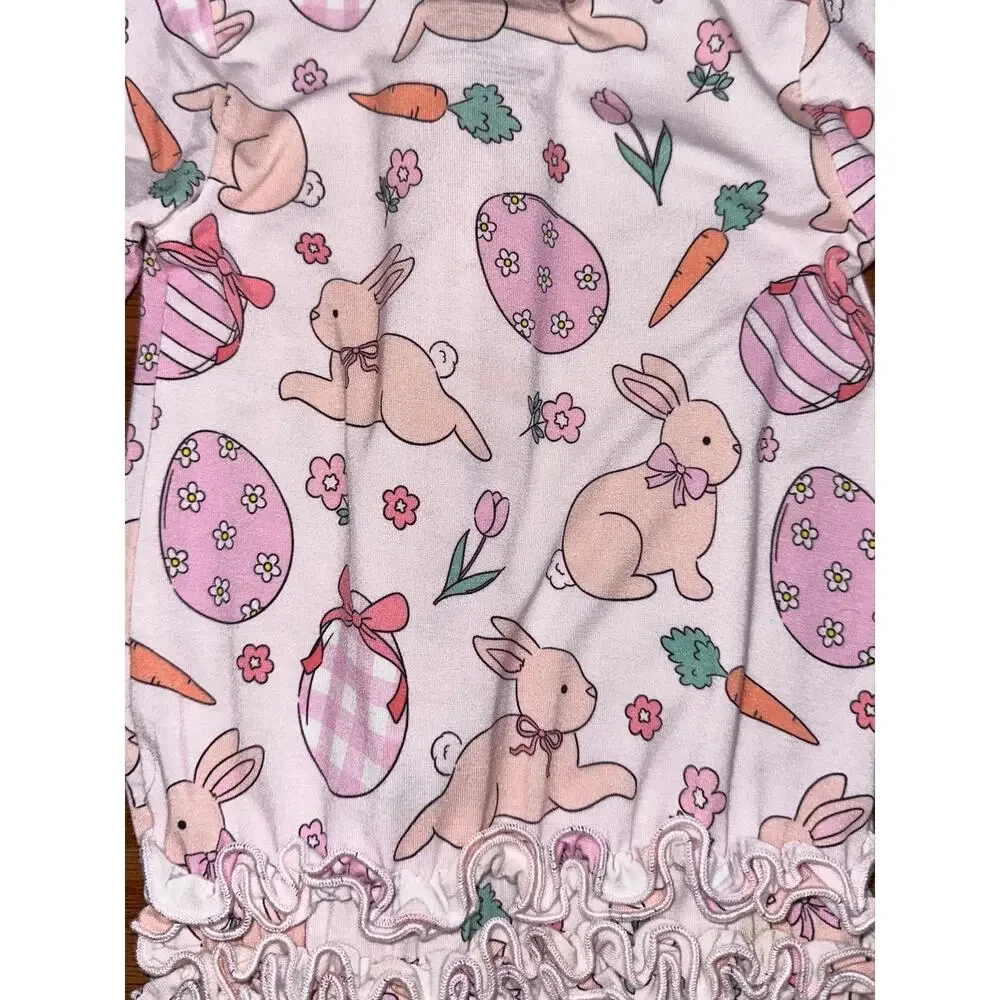 Caden Lane Hoppy Spring Easter Bunny Carrot Egg Ruffle Bamboo Zipper Footie 0-3M